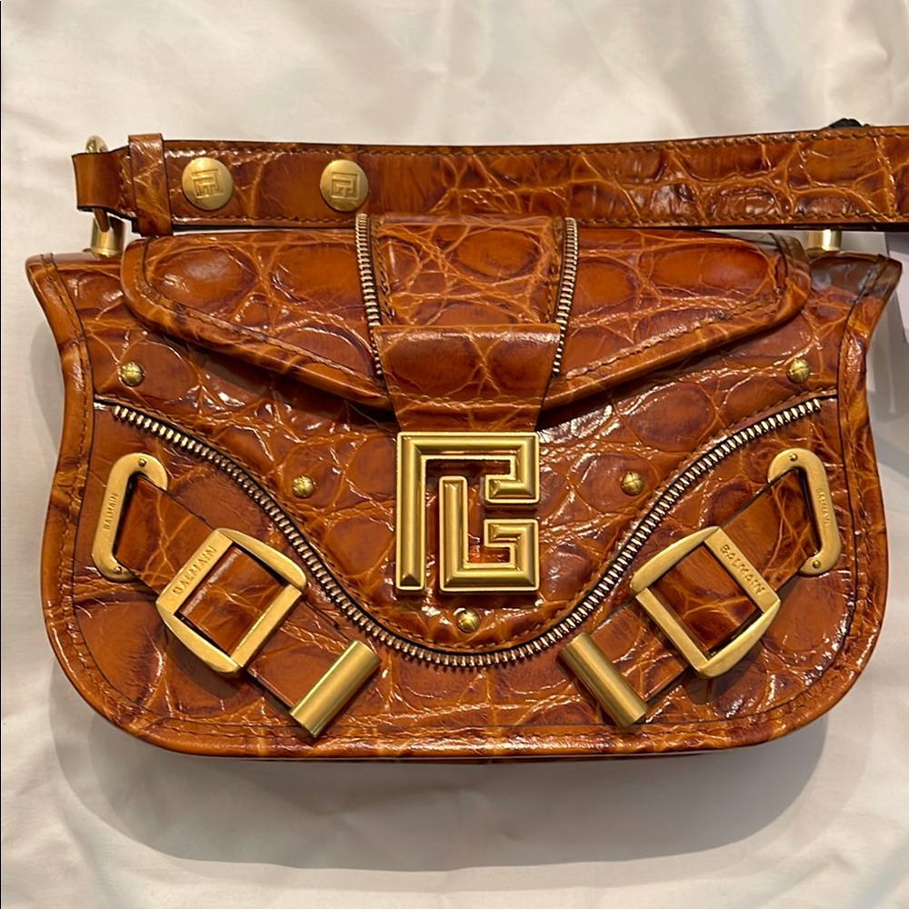 NEW Balmain Blaze Croc Embossed Brown Leather Shoulder Bag with Golden Accents